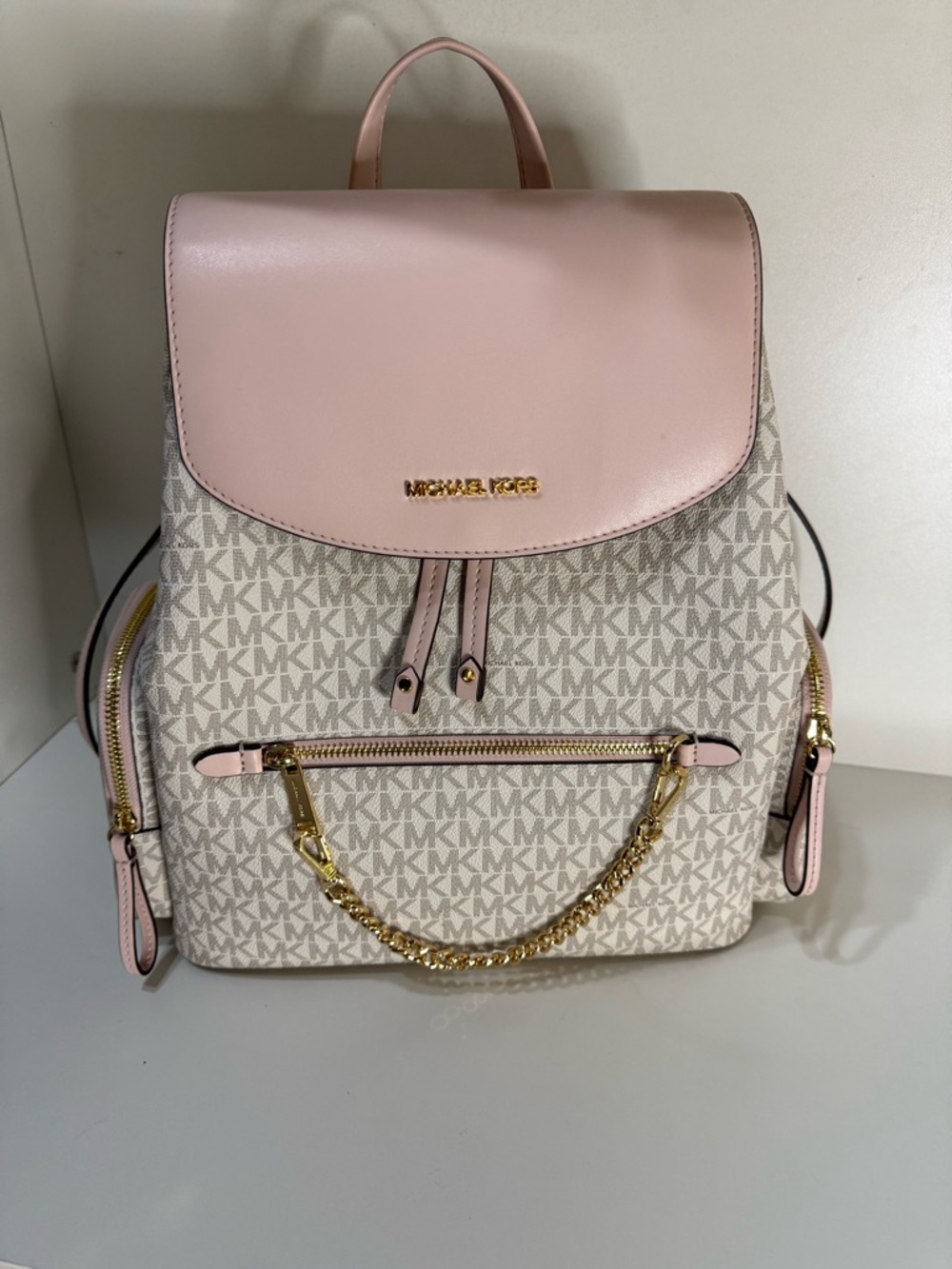 Michael Kors Blush Pink  Logo Backpack with Gold Chain Large